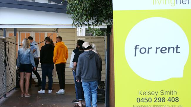 People lining up to inspect a rental property in New Farm. Photo: Steve Pohlner.