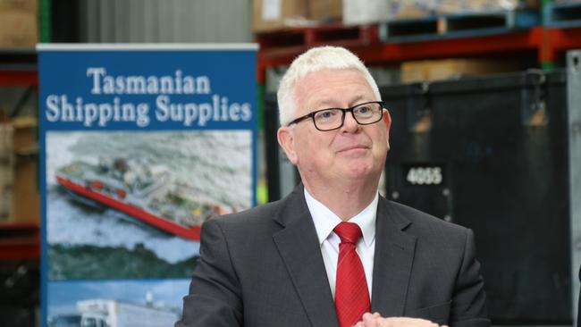 TT-Line's Managing Director Bernard Dwyer speaks to the media at Tasmanian Shipping Supplies in Hobart on Wednesday, March 22, 2023.