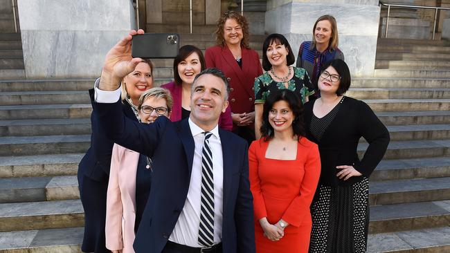 Peter Malinauskas takes a selfie with female members of the Labor s cabinet. Picture: Mark Brake