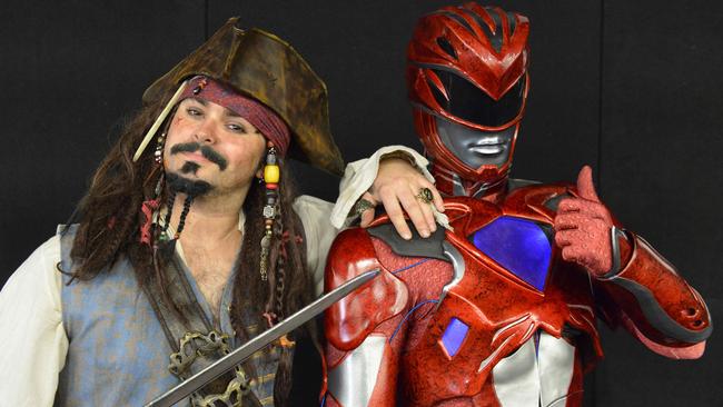 Cosplayers dressed as Captain Jack Sparrow and the Red Power Ranger at Supanova 2017. Picture: AAP / Brenton Edwards