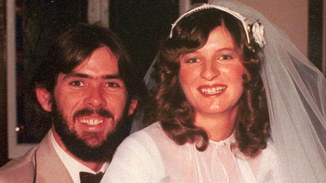 Murdered Gold Coast woman Linda Reed with husband Robert on her wedding day.