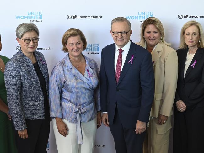 CANBERRA, AUSTRALIA, NewsWire Photos. FEBRUARY 7, 2024: The Prime Minister, Anthony Albanese and female MPs and Senators attends the UN International Women's Day Parliamentary Breakfast at Parliament House in Canberra. Picture: NCA NewsWire / Martin Ollman