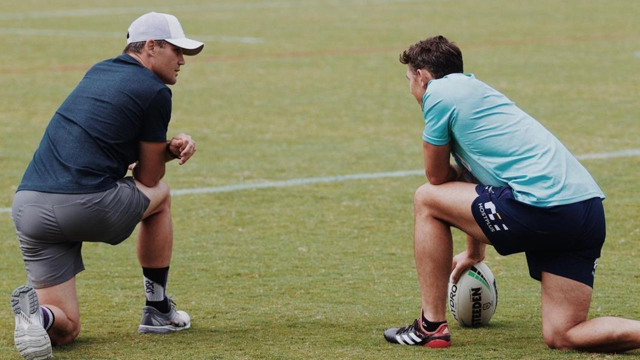 Cooper Cronk (L) and Billy Salter at Storm training. Picture: Instagram