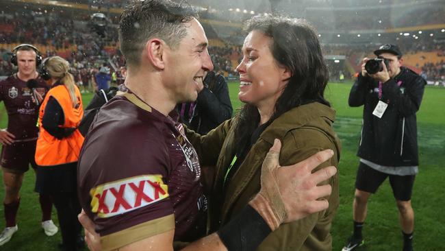 Billy Slater hugs wife Nicole after game three. Picture: Peter Wallis