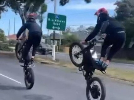 Two hoons ride dangerously on Millers Rd in Altona North. Picture: Instagram/melbourne_hittas