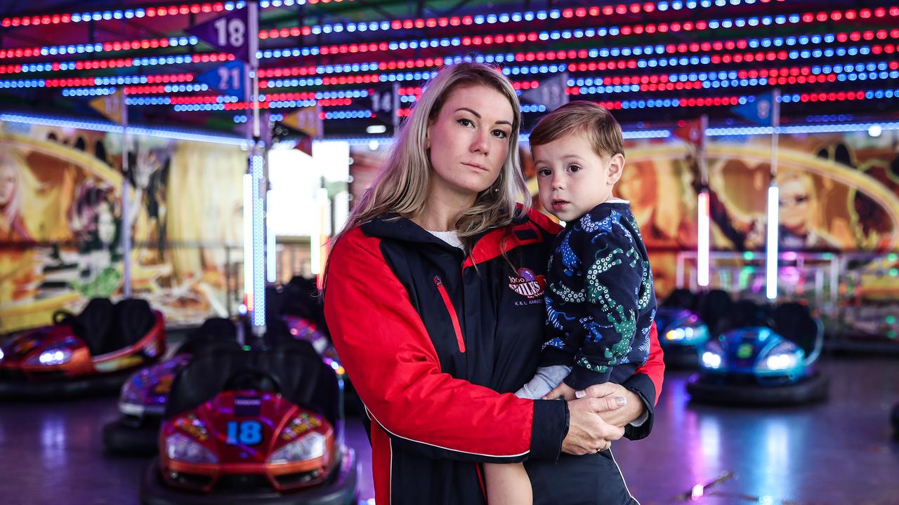 Lauren Langtree, with her two-year-old son Marlon at the Ipswich Show, fears she will be forced out of the business. Picture: Zak Simmonds