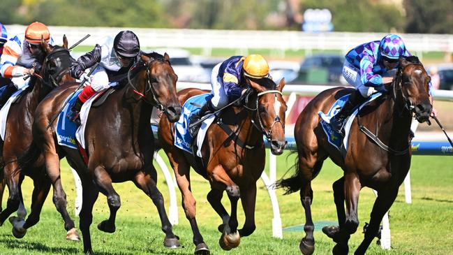 Pride Of Jenni (right) and Buffalo River (middle) are run down by Mr Brightside in the CF Orr Stakes. Picture: Vince Caligiuri/Getty Images