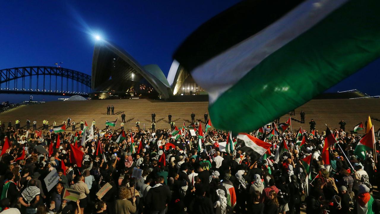 Video and audio clips from the pro-Palestine rally at the Opera House purported to show a group of men chanting ‘gas the Jews’ and ‘f**k the Jews’. Picture: Lisa Maree Williams/Getty Images)