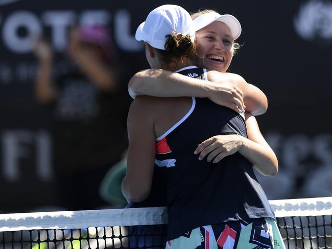 Barty (left) is congratulated by Daria Gavrilova after her win. Picture: AAP