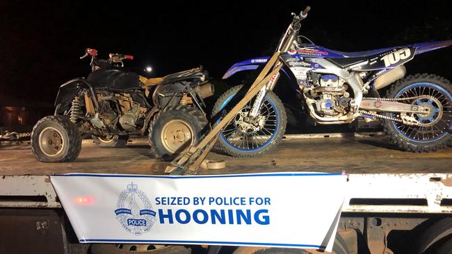 NT Police seized these two motorcycles, being ridden by two teenage boys aged 13 and 14, under anti-hooning legislation. Picture: NT Police