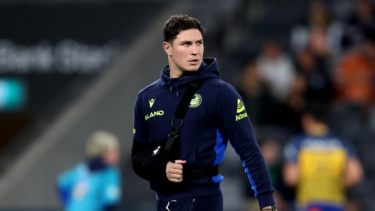 SYDNEY, AUSTRALIA - JULY 26: Mitchell Moses of the Eels looks on prior to the round 21 NRL match between Parramatta Eels and Melbourne Storm at CommBank Stadium, on July 26, 2024, in Sydney, Australia. (Photo by Brendon Thorne/Getty Images)