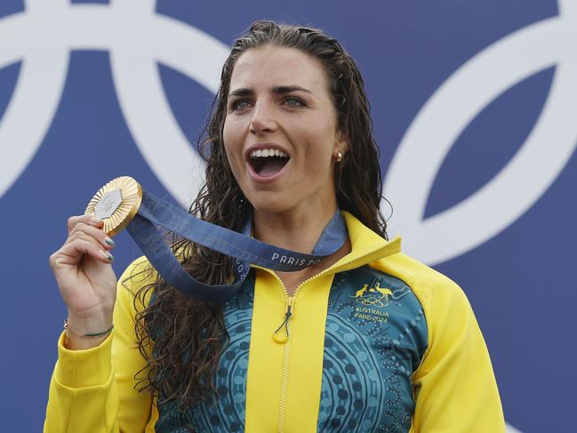 Jess Fox with her first ever K1 gold medal, on the podium. Picture: Michael Klein