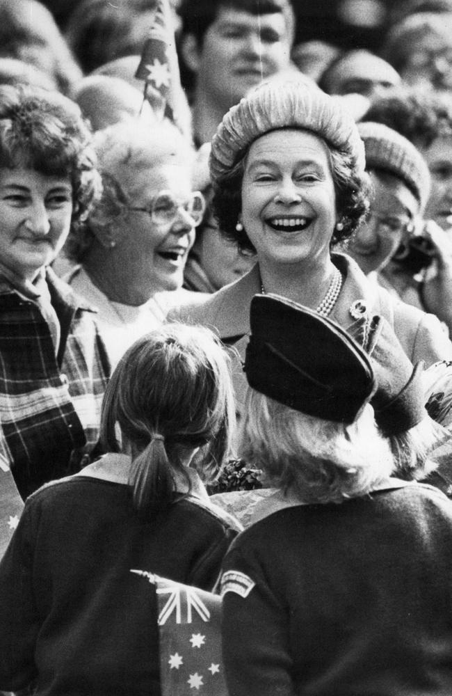 1980: A jubilant Queen Elizabeth greets crowds. Picture: News Corp Australia