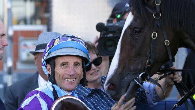 Jockey Damien Oliver returns to scale on Princess Jenni after claiming victory at Caulfield on April 20. Picture: AAP Image/George Salpigtidis ONLY