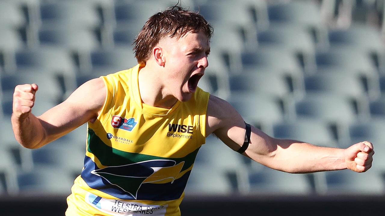 SANFL -  Woodville West-Torrens v South Adelaide in the second match of a double header at the Adelaide Oval. Eagles James Rowe celebrates his goal in the first quarter Picture SARAH REED