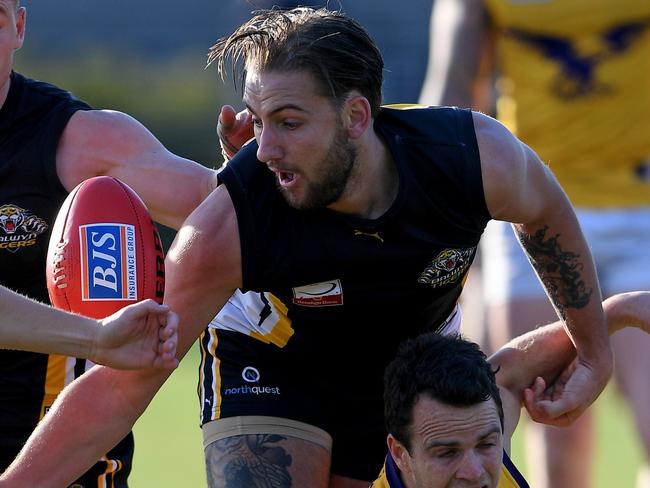 Thomas Schneider and Chevy Andersen in action during the EFL football match between Balwyn and Vermont in Balwyn, Saturday, June 2, 2018.  Picture: Andy Brownbill