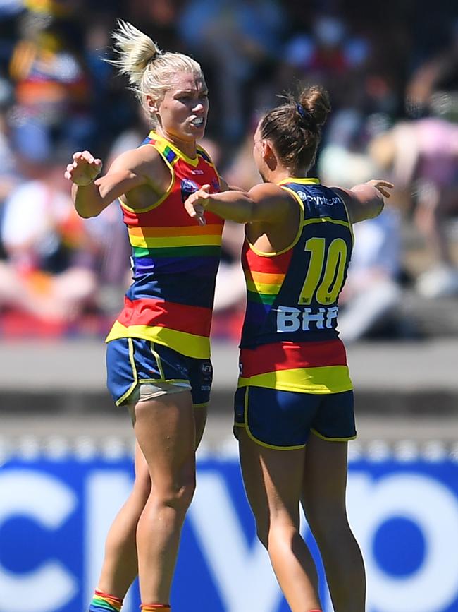 Erin Phillips celebrates a goal with Ebony Marinoff. Picture: Mark Brake/Getty Images