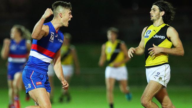 Josh Schache celebrates the winning goal.