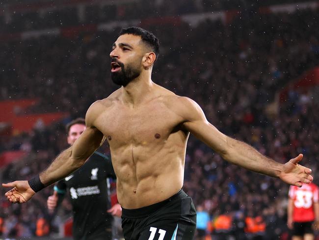 Mohamed Salah celebrates scoring the winning goal for Liverpool. Picture: Getty Images