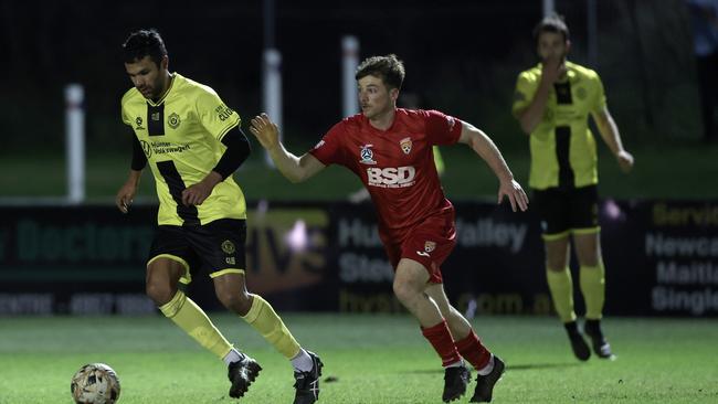 Former A-League player Nikolai Topor-Stanley playing for Lambton Jaffas. Picture: Sproule Sports Focus