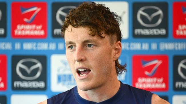 MELBOURNE, AUSTRALIA - DECEMBER 09: Nick Larkey of the Kangaroos speaks to the media during a North Melbourne Kangaroos AFL training session at Arden Street Ground on December 09, 2024 in Melbourne, Australia. (Photo by Quinn Rooney/Getty Images)