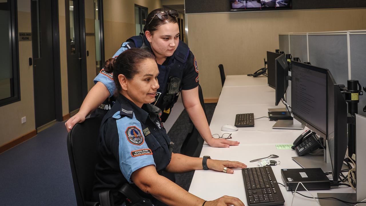 Amens Bryden and Korinda Sanders at the newly opened Nightcliff Police Station on Progress Drive. Picture: Glenn Campbell