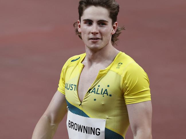 Tokyo 2020 Olympic Games Day 08. 31/07/21. Athletics  Finals, semifinals and qualifications at the Tokyo Olympic Stadium in Tokyo, Japan. Australias Rohan Browning [far left] finishes first in hid heat of the Mens 100m Round 1 qualifiers.   Picture: Alex Coppel.