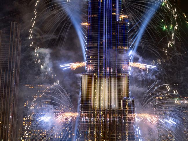 Fireworks exploding around the Burj Khalifa Tower. Picture: AFP