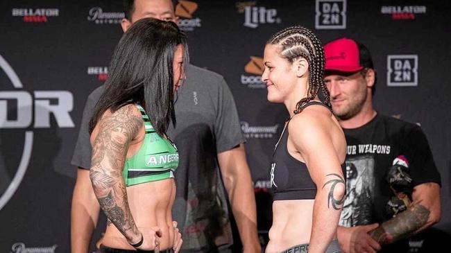 STANDOFF: Gympie's Arlene Blencowe and Amanda Bell face off at the Bellator 224 weigh-ins, held yesterday morning local time. Picture: Contributed