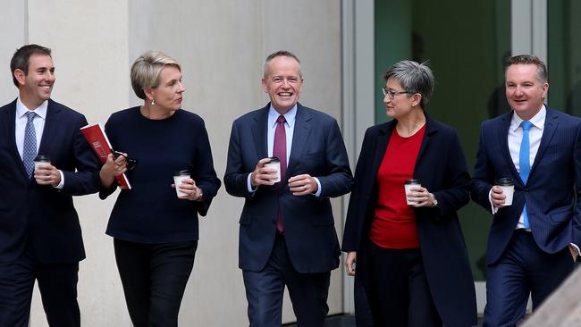 Jim Chalmers, Deputy Labor Leader Tanya Plibersek, Labor leader Bill Shorten, Shadow Minister for Foreign Affairs Penny Wong and Shadow Treasurer Chris Bowen at Parliament House in Canberra. Picture: Kym Smith