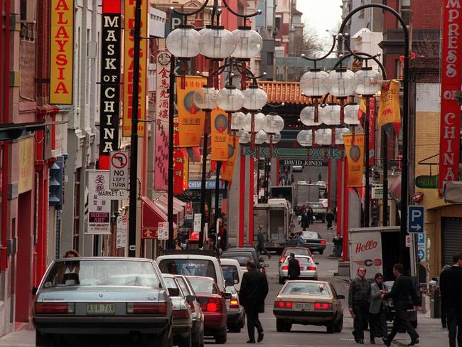 Chinatown in the 1990s. The street lights that once lined the street have since been removed and replaced with lantern. Picture: HWT Library.