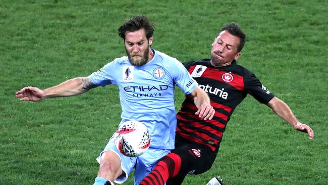 Josh Brillante (front) has left Melbourne City and is tipped to join Greek team Xanthi FC. Picture: George Salpigtidis/Getty Images