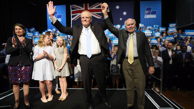 Prime Minister Scott Morrison at a liberal party campaign rally in Sydney with NSW Premier Gladys Berejiklian and former PM John Howard. Picture: Gary Ramage