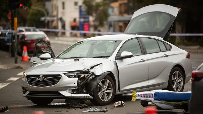 The scene from the crash at Eveleigh on February 19 when the bike collided with an unmarked police car. Picture: Julian Andrews