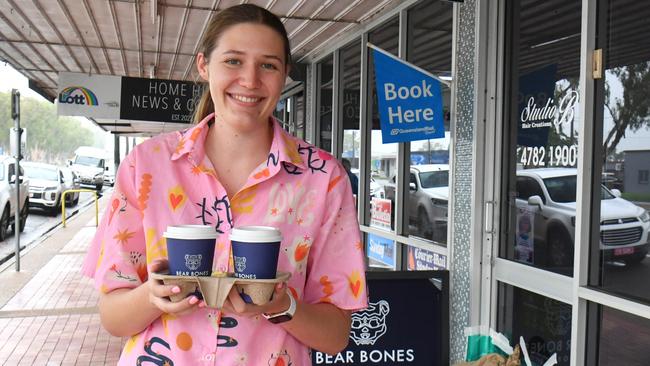 Tuesday February 12.. Heavy rain causes flooding in North Queensland. Groper Creek, near Home Hill cut off by flooding. Mackenzie Linton at Home Hill News and Coffee. Picture: Evan Morgan