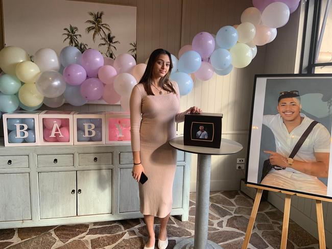 Easter Show victim Uati ‘Pele’ Faletolu is honoured at his pregnant girlfriend Taylor Piliae’s baby shower. Picture: Facebook