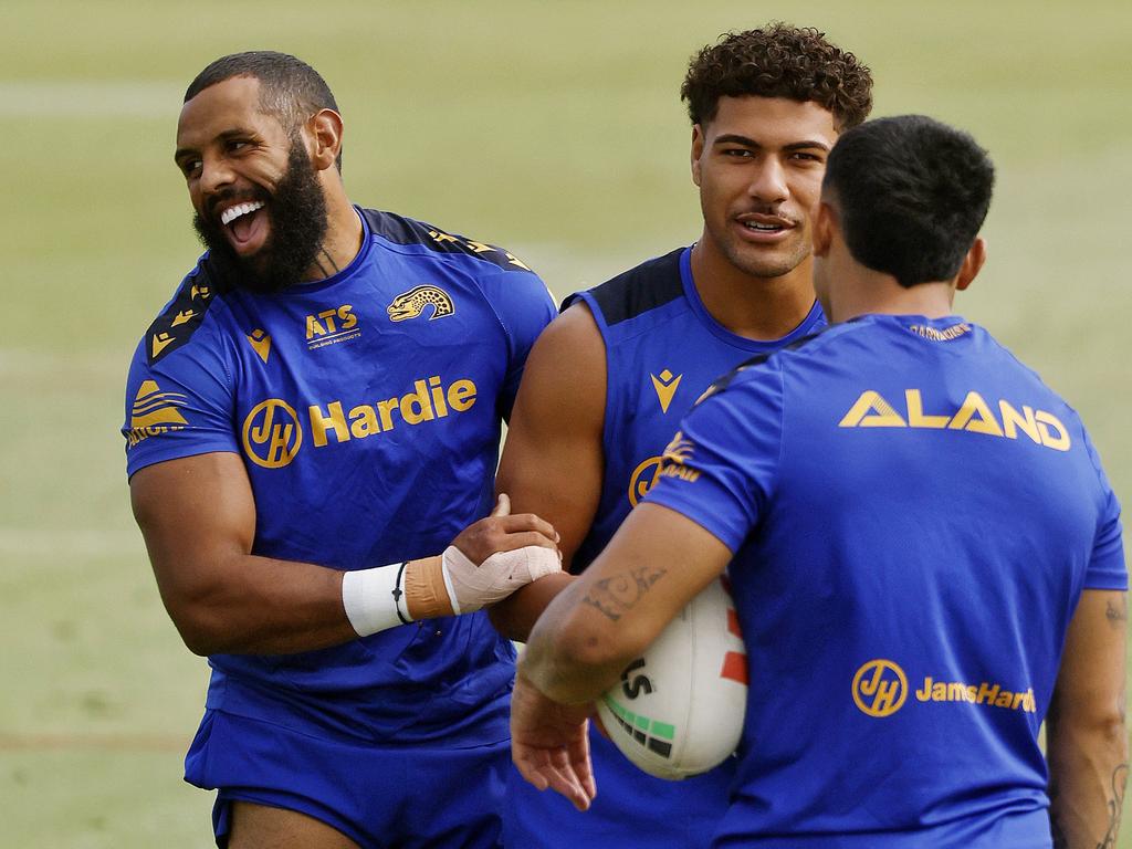 Josh Addo-Carr all smiles at Eels training ahead of his club debut. Picture: Sam Ruttyn