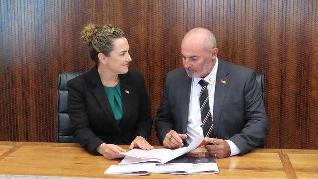 Northern Territory Chief Minister Lia Finocchiaro and Treasurer Bill Yan. Picture: Fia Walsh.