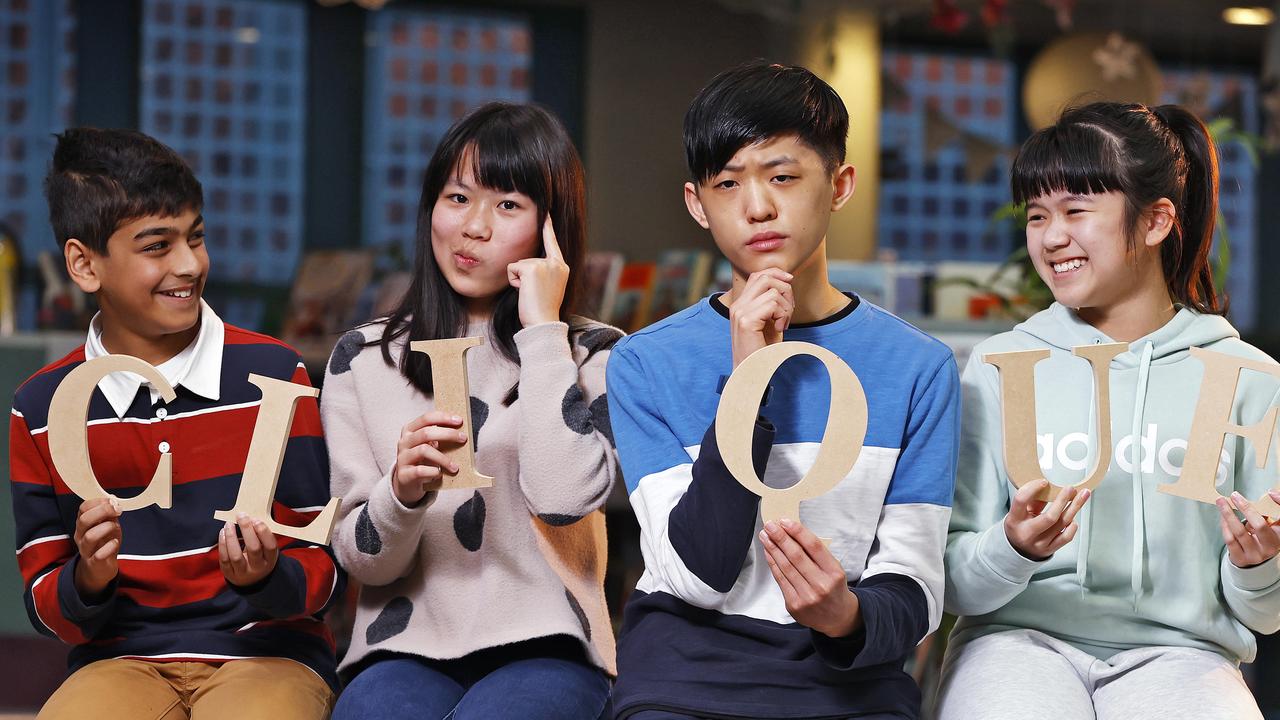 Aditya, far left, was pictured with other Sydney super spellers back in July 2022 after making finals of the first Bee in 2021. From Aditya’s right are Grace Lin, NSW’s only other national champion Evan Luc-Tran and Patricia Wu. Picture: Sam Ruttyn