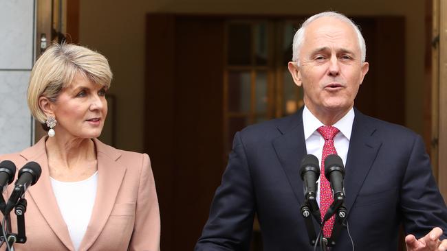 Malcolm Turnbull and Julie Bishop holding their press conference at Parliament House. Picture: Kym Smith.