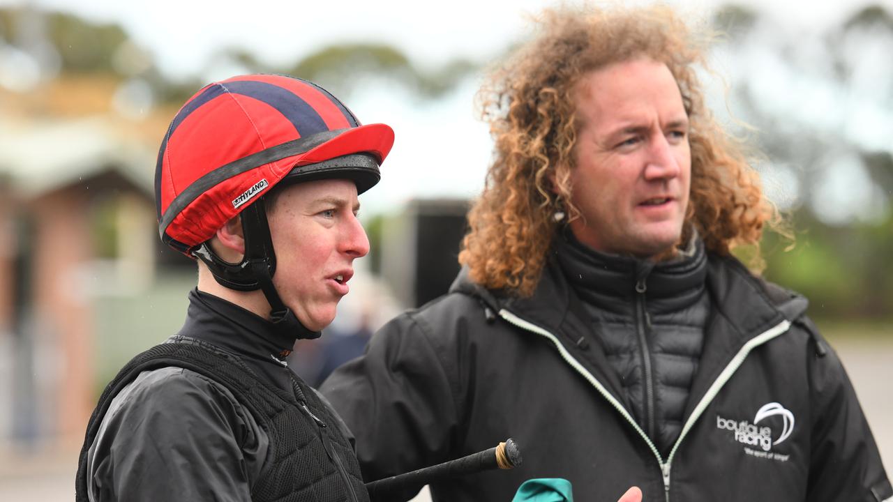 Jockey Damian Lane and Ciaron Maher at trackwork. Picture: AAP