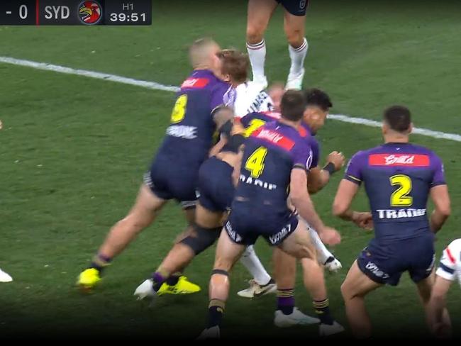 Nelson Asofa-Solomona’s shoulder makes clear forceful contact with the head of Lindsay Collins.