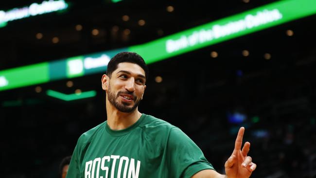 BOSTON, MASSACHUSETTS - OCTOBER 27: Enes Kanter #13 of the Boston Celtics reacts before the game against the Washington Wizards at TD Garden on October 27, 2021 in Boston, Massachusetts. NOTE TO USER: User expressly acknowledges and agrees that, by downloading and or using this photograph, User is consenting to the terms and conditions of the Getty Images License Agreement. (Photo by Omar Rawlings/Getty Images)