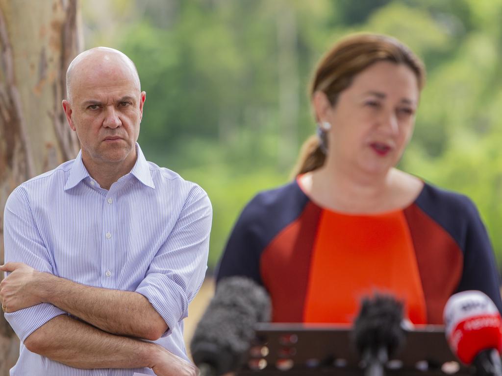 Queensland Premier Annastacia Palaszczuk addresses the media today as Chief Health Officer Dr John Gerrard looks on. Picture: Jerad Williams