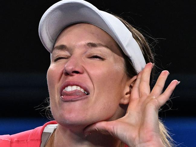 USA's Danielle Collins celebrates victory over Australia's Destanee Aiava after their women's singles match on day five of the Australian Open tennis tournament in Melbourne on January 16, 2025. (Photo by WILLIAM WEST / AFP) / -- IMAGE RESTRICTED TO EDITORIAL USE - STRICTLY NO COMMERCIAL USE --