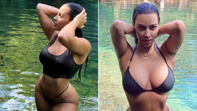 Jones struck the same pose as Kardashian in another snap, using her hands to hold back her wet hair. Picture: kimkardashian/Instagram