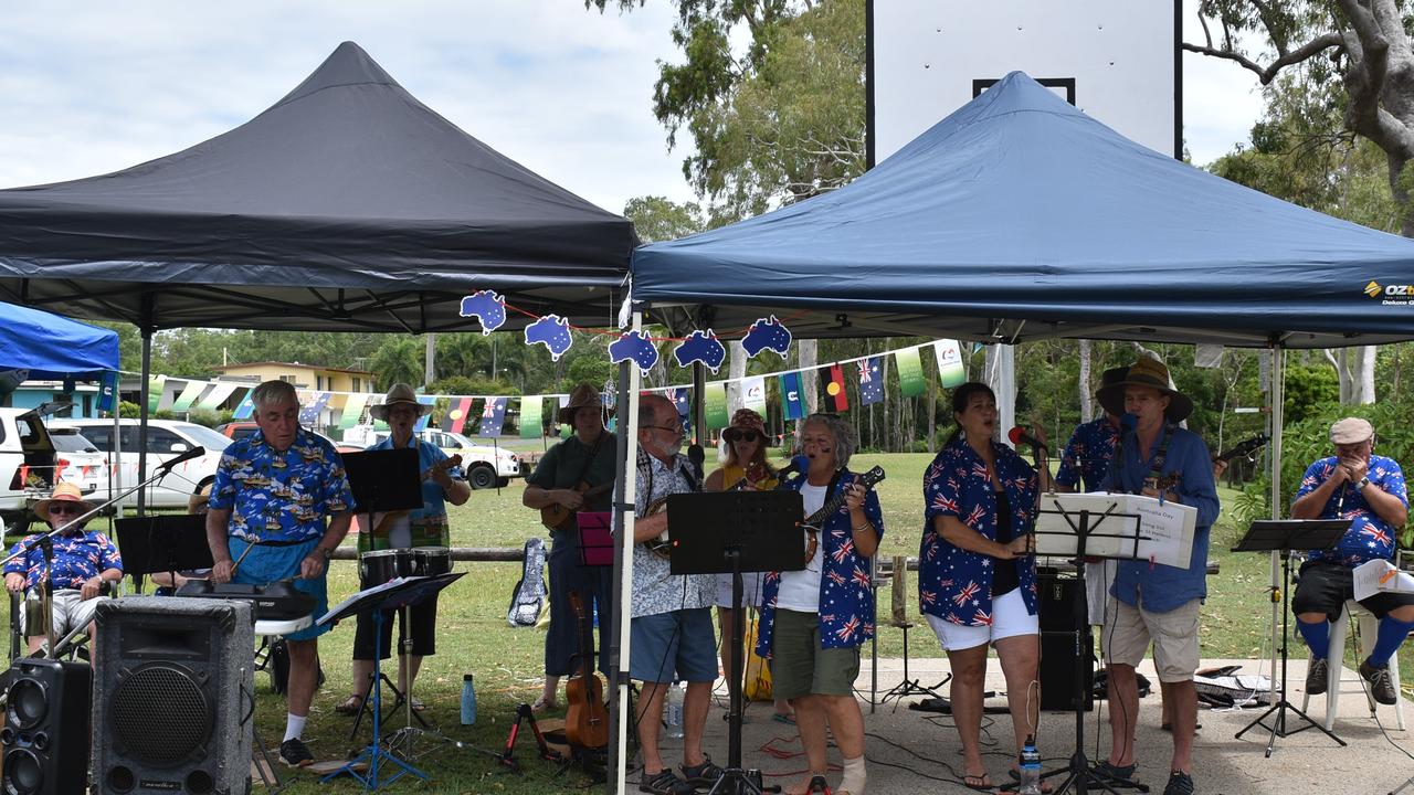 Mackay Ukulele Group members Goeff Srang (left), Muriel Kilcullen, Lyn Laffin, Bernadette Buckly, Jess Barr, Lorrie Powell, Julie Williams, Peter Rosier and Frank Yeats (right) playing Australian classics at St Helens Australia Day Celebration, January 26, 2022. Picture: Madeleine Graham
