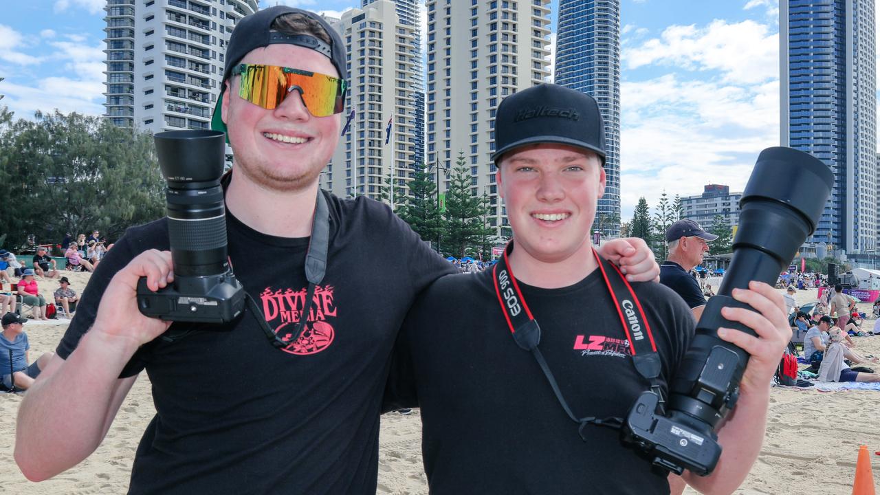 Alex and Campbell Sim enjoying the inaugural Pacific Air Show over Surfers Paradise. Picture: Glenn Campbell