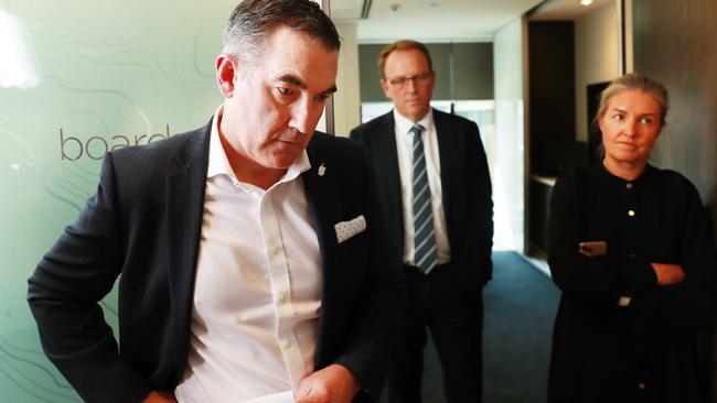 Virgin Australia chief executive Paul Scurrah, left, and administrator Vaughan Strawbridge of Deloitte, centre, in Sydney on Tuesday. Picture: John Feder