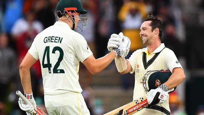 Cameron Green congratulates Travis Head on his second century of the Ashes series.